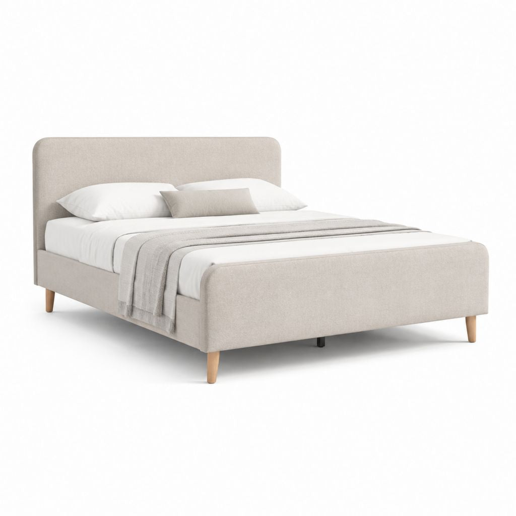 Letto matrimoniale imbottito beige in poliestere con testiera rettangolare 160 x 200 cm