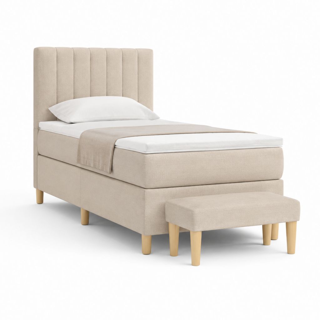 Letto singolo imbottito beige in poliestere con panca 90 x 200 cm