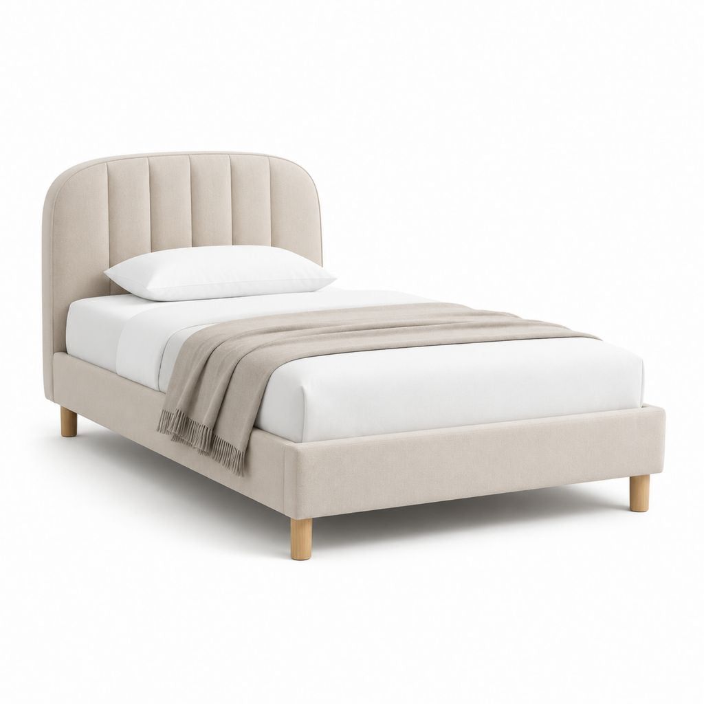 Letto imbottito una piazza e mezza beige in poliestere con testiera arrotondata 120 x 200 cm