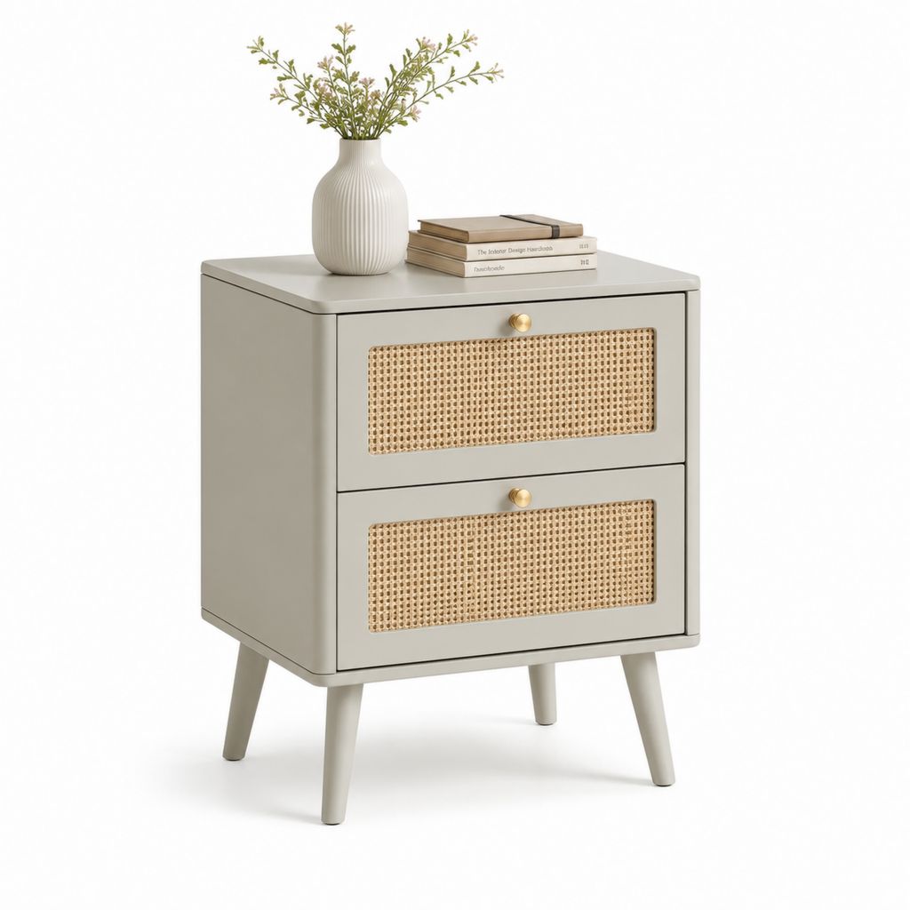 Comodino con 2 cassetti grigio chiaro in MDF e rattan naturale rettangolare 50 x 40 x 60 cm