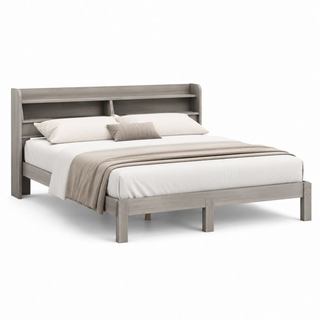 Letto matrimoniale con testiera a ripiani in legno massello grigio rovere rettangolare 160 x 200 cm