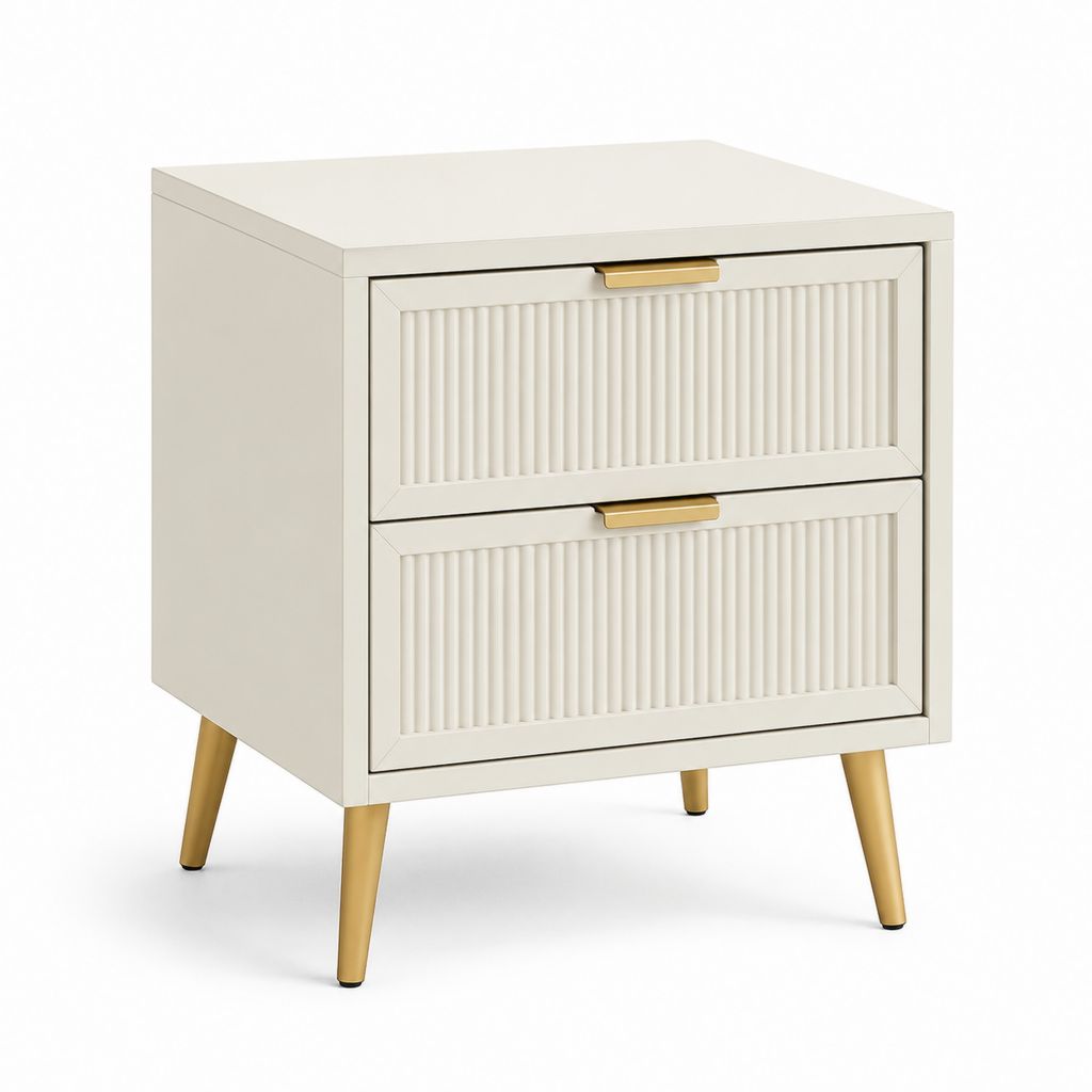 Comodino 2 cassetti bianco avorio in MDF laccato con gambe dorate 45 x 40 x 60 cm