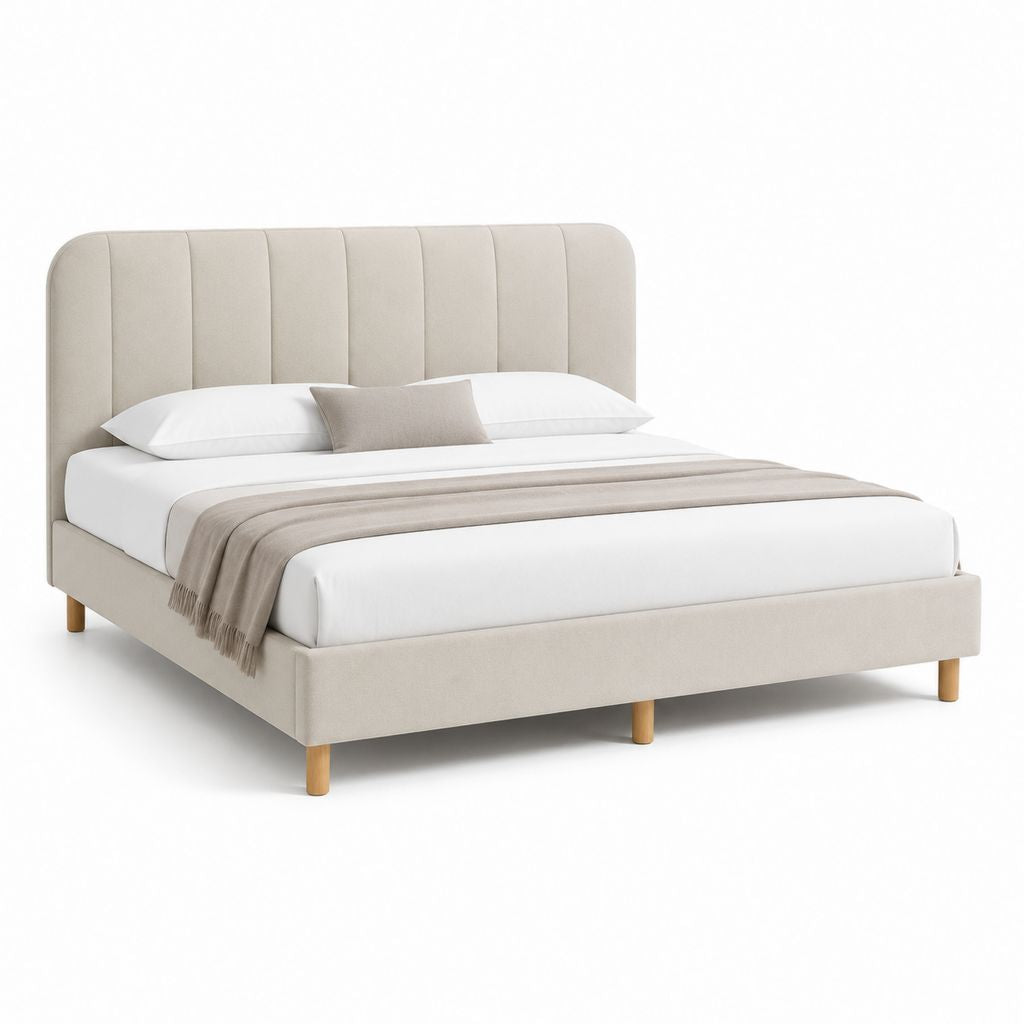 Letto matrimoniale imbottito beige in poliestere rettangolare con testiera a pannelli 175 x 215 x 110 cm per materasso 160 x 200 cm