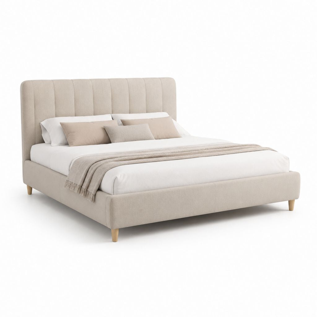 Letto matrimoniale imbottito beige in poliestere con testiera alta 160 x 200 cm