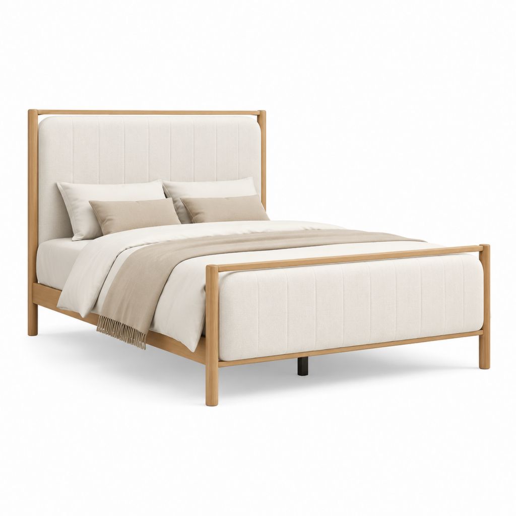 Letto matrimoniale con struttura in legno naturale e testiera imbottita beige 160 x 200 cm