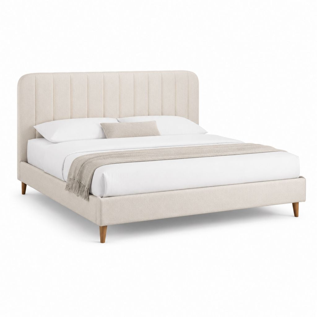 Letto matrimoniale imbottito beige in poliestere con testiera alta 175 x 215 x 115 cm per materasso 160 x 200 cm