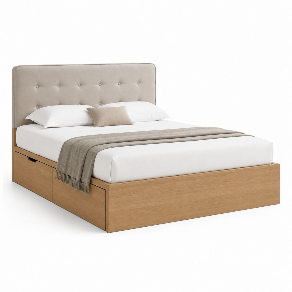 Letto matrimoniale contenitore rettangolare 160 x 200 cm rovere naturale con testiera imbottita in poliestere beige