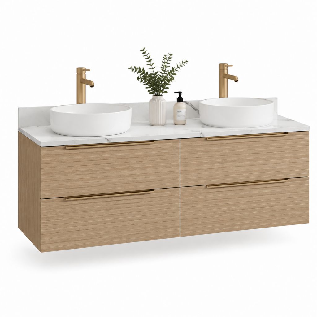 Mobile bagno sospeso doppio lavabo rovere chiaro in MDF con piano effetto marmo 160 x 50 x 55 cm
