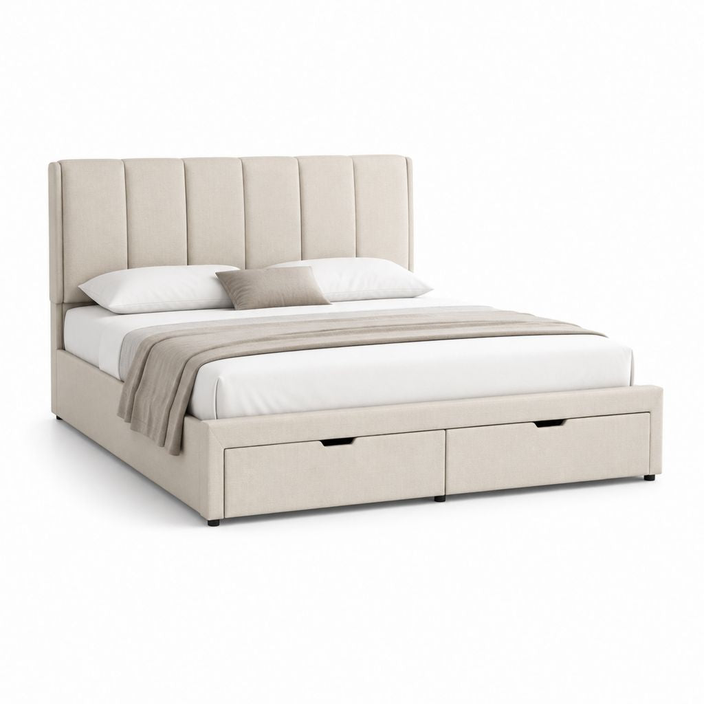 Letto matrimoniale contenitore beige in poliestere con testiera imbottita e 2 cassetti 160 x 200 cm