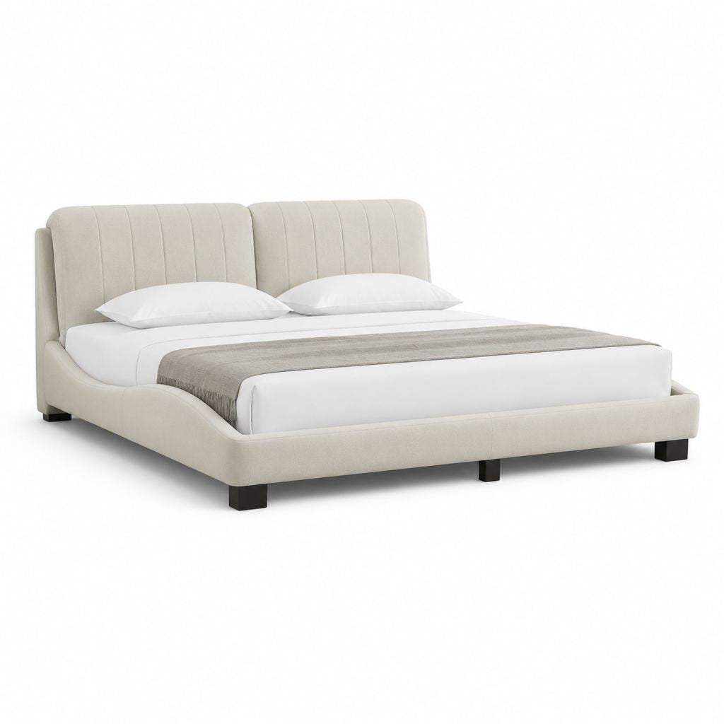 Letto matrimoniale imbottito beige in poliestere con testiera arrotondata 160 x 200 cm