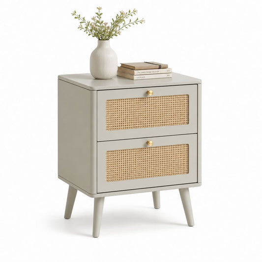 Comodino con 2 cassetti grigio chiaro in MDF e rattan naturale rettangolare 50 x 40 x 60 cm