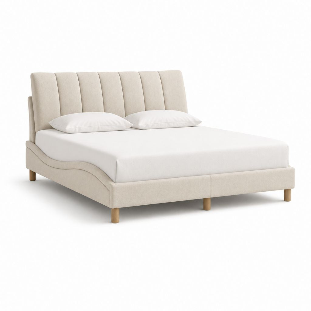 Letto matrimoniale beige imbottito in poliestere con testiera curva 160 x 200 cm