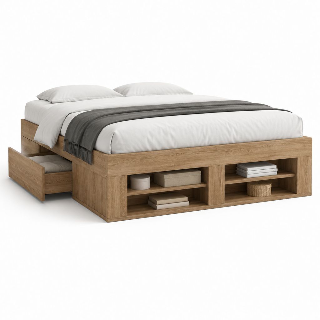 Letto matrimoniale con contenitore rovere naturale in truciolare 165 x 210 x 45 cm