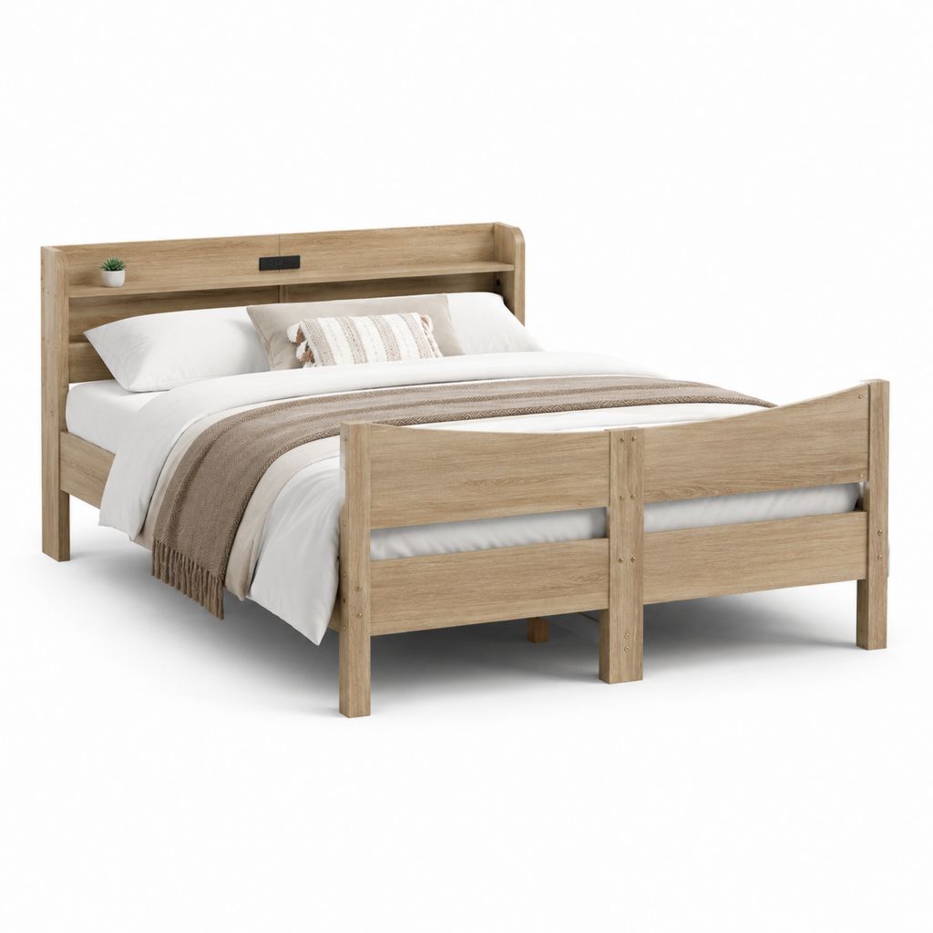 Letto matrimoniale con mensola testiera rovere chiaro in legno massello rettangolare 160 x 200 cm