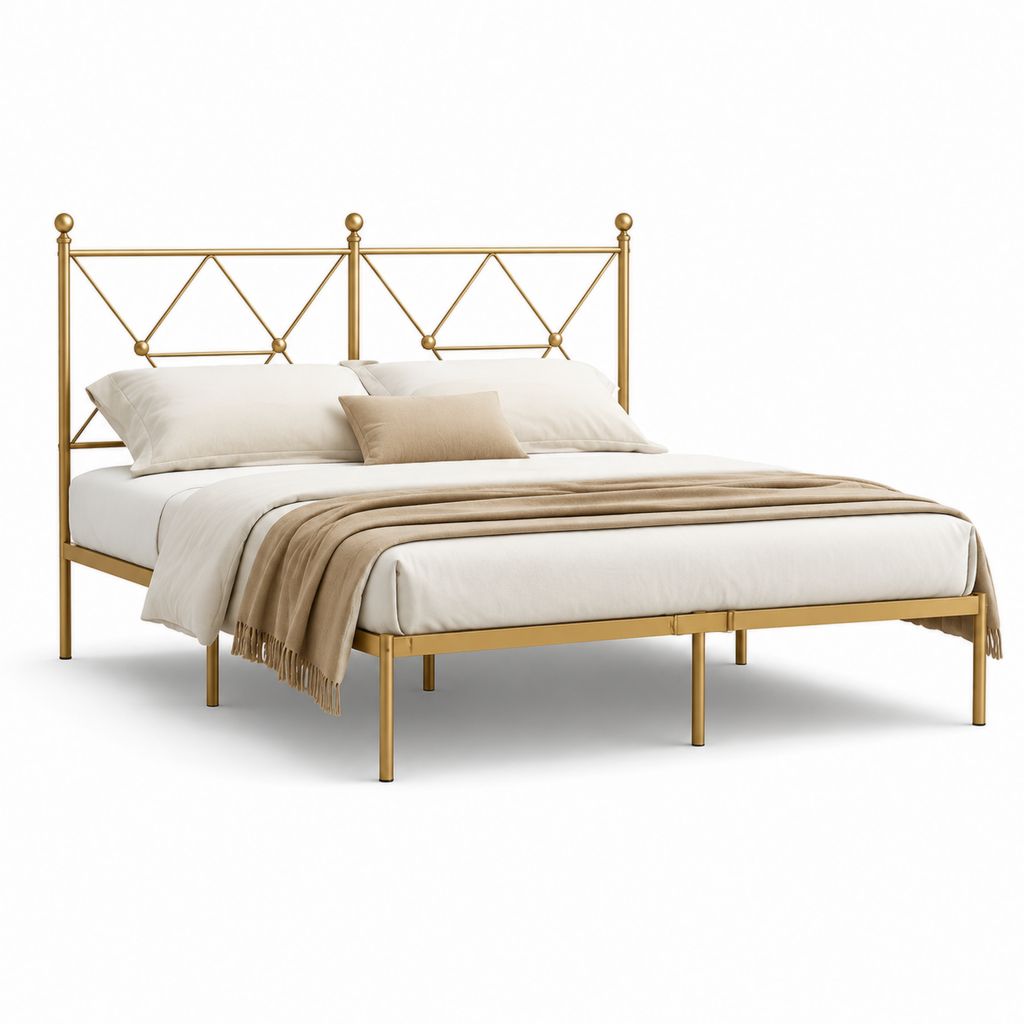 Letto matrimoniale in acciaio dorato con testiera geometrica 160 x 200 cm