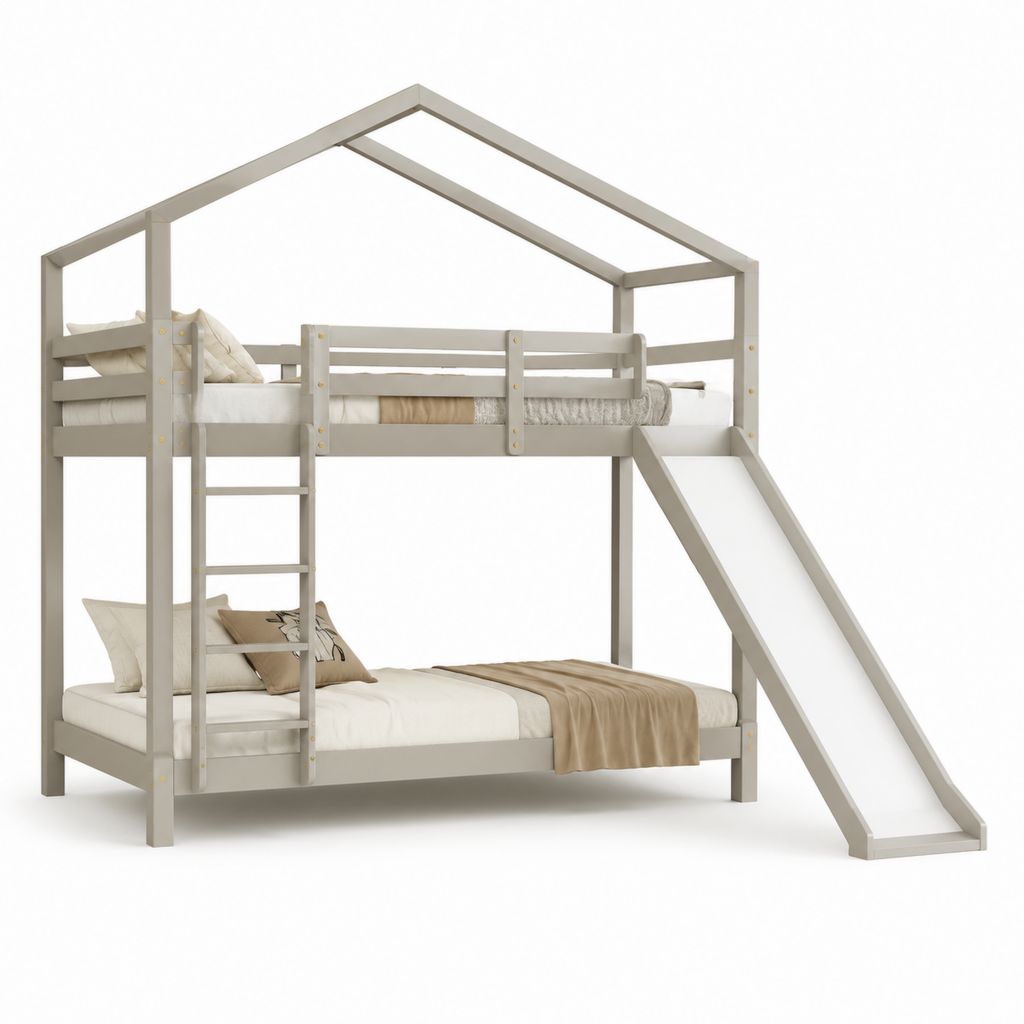Letto a castello bambini con scivolo e scala in pino massello grigio tortora forma casetta 90x200 cm e 140x200 cm 252x147x230 cm