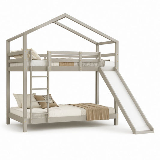 Letto a castello bambini con scivolo e scala in pino massello grigio tortora forma casetta 90x200 cm e 140x200 cm 252x147x230 cm