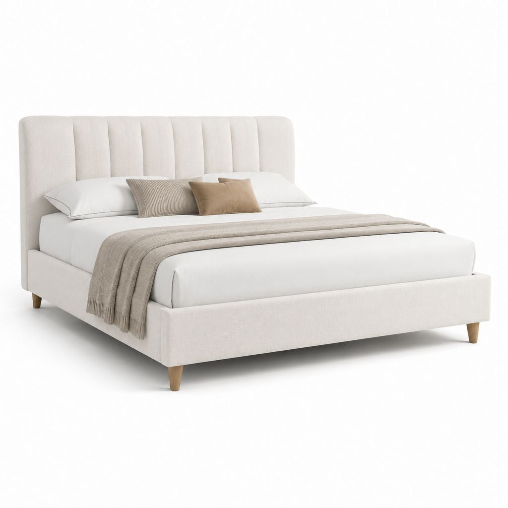 Letto matrimoniale imbottito beige in poliestere con testiera alta 175 x 215 x 115 cm per materasso 160 x 200 cm