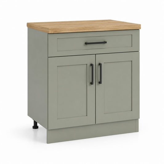 Mobile base cucina verde salvia in MDF e truciolare con piano effetto rovere 80 x 60 x 90 cm