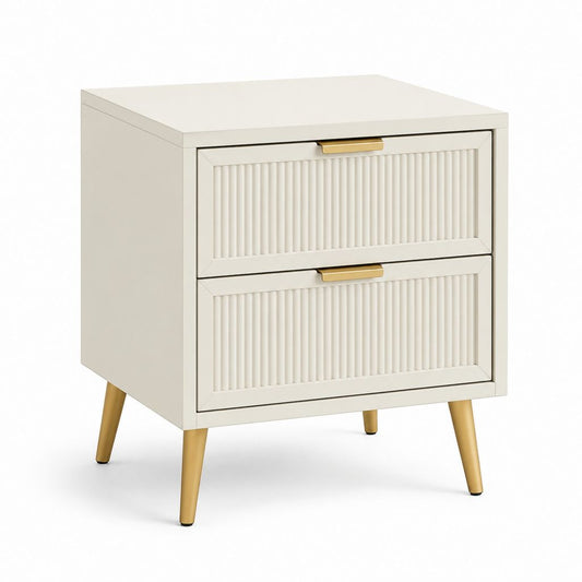 Comodino 2 cassetti bianco avorio in MDF laccato con gambe dorate 45 x 40 x 60 cm