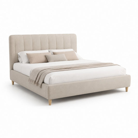 Letto matrimoniale imbottito beige in poliestere con testiera alta 160 x 200 cm