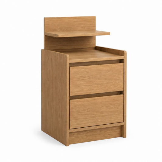 Comodino con 2 cassetti e ripiano rialzato rovere in MDF impiallacciato 45 x 40 x 80 cm