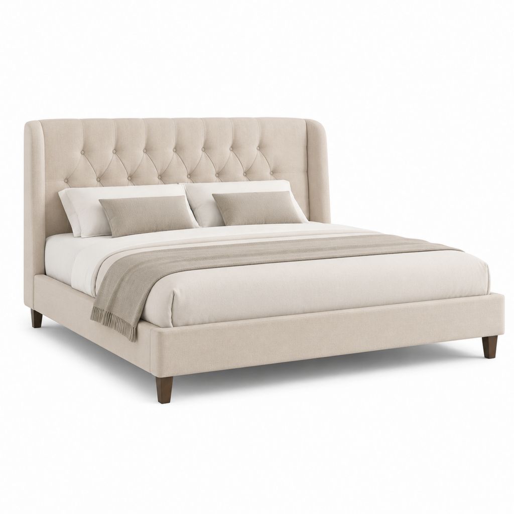 Letto matrimoniale imbottito beige in poliestere con testiera capitonné 160 x 200 cm