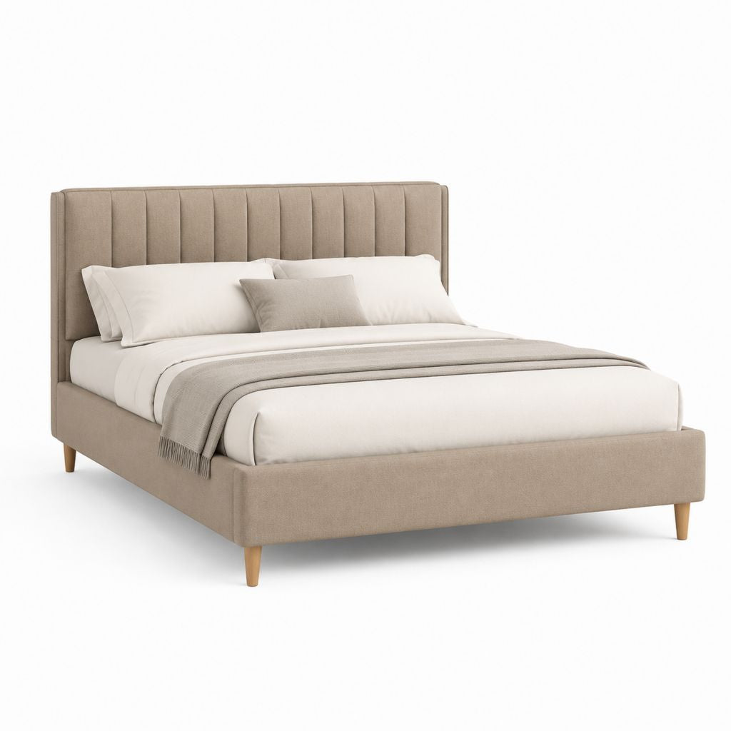 Letto matrimoniale imbottito beige in poliestere con testiera a pannelli verticali 160 x 200 cm