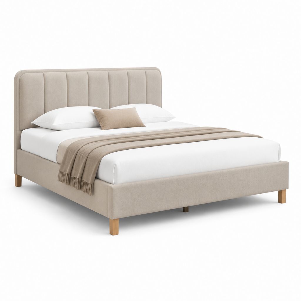 Letto matrimoniale imbottito beige in poliestere con testiera rettangolare 160 x 200 cm