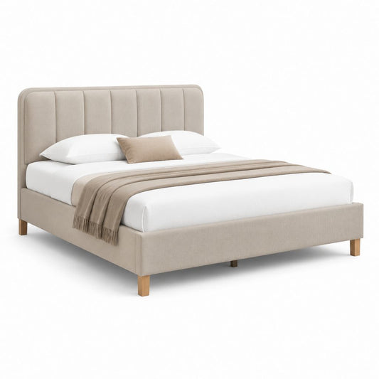 Letto matrimoniale imbottito beige in poliestere con testiera rettangolare 160 x 200 cm