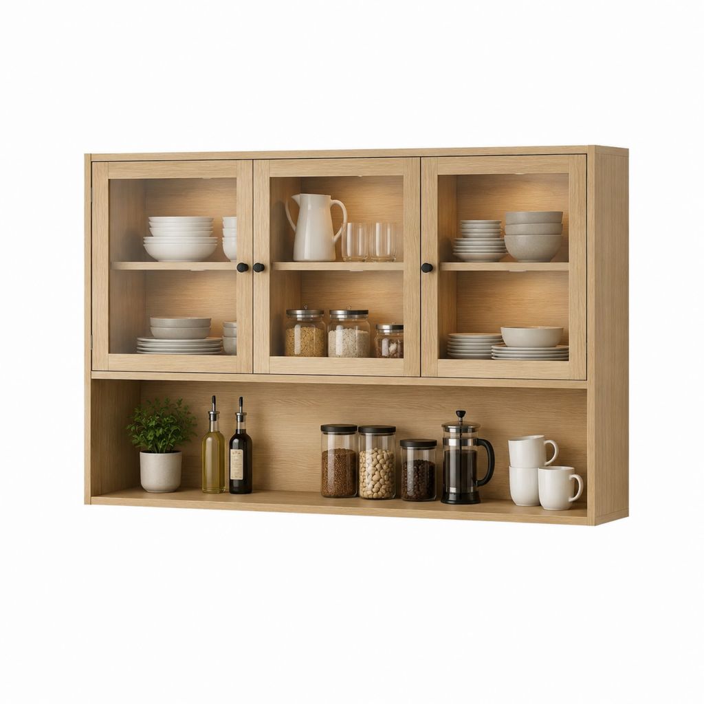 Pensile da cucina con vetrina rovere chiaro in MDF e vetro temperato rettangolare 120 x 30 x 80 cm