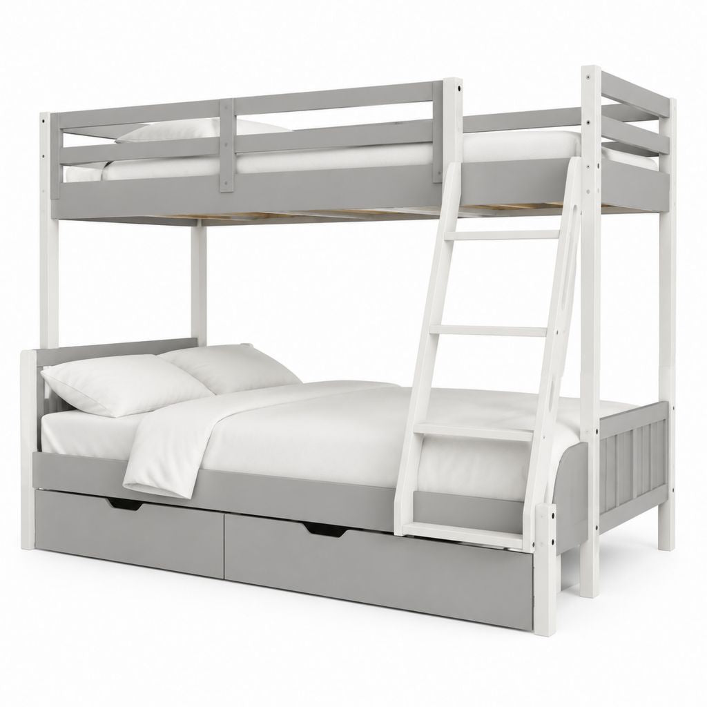 Letto a castello per bambini grigio e bianco in legno massello 90 x 200 cm con scala e 2 cassetti
