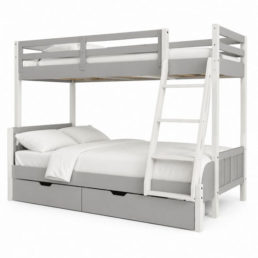 Letto a castello per bambini grigio e bianco in legno massello 90 x 200 cm con scala e 2 cassetti