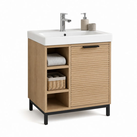 Mobile bagno con lavabo in ceramica bianca MDF effetto rovere rettangolare 80 x 46 x 85 cm